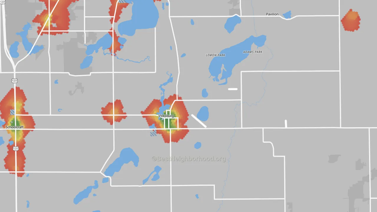 Walk Grade map of 49097, MI, walkable areas in green and car-dependent areas in red