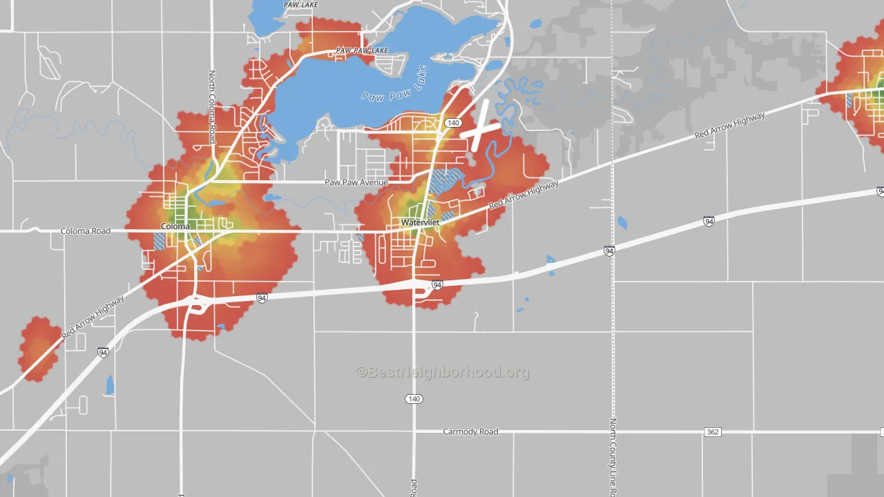 Walk Grade map of 49098, MI, walkable areas in green and car-dependent areas in red
