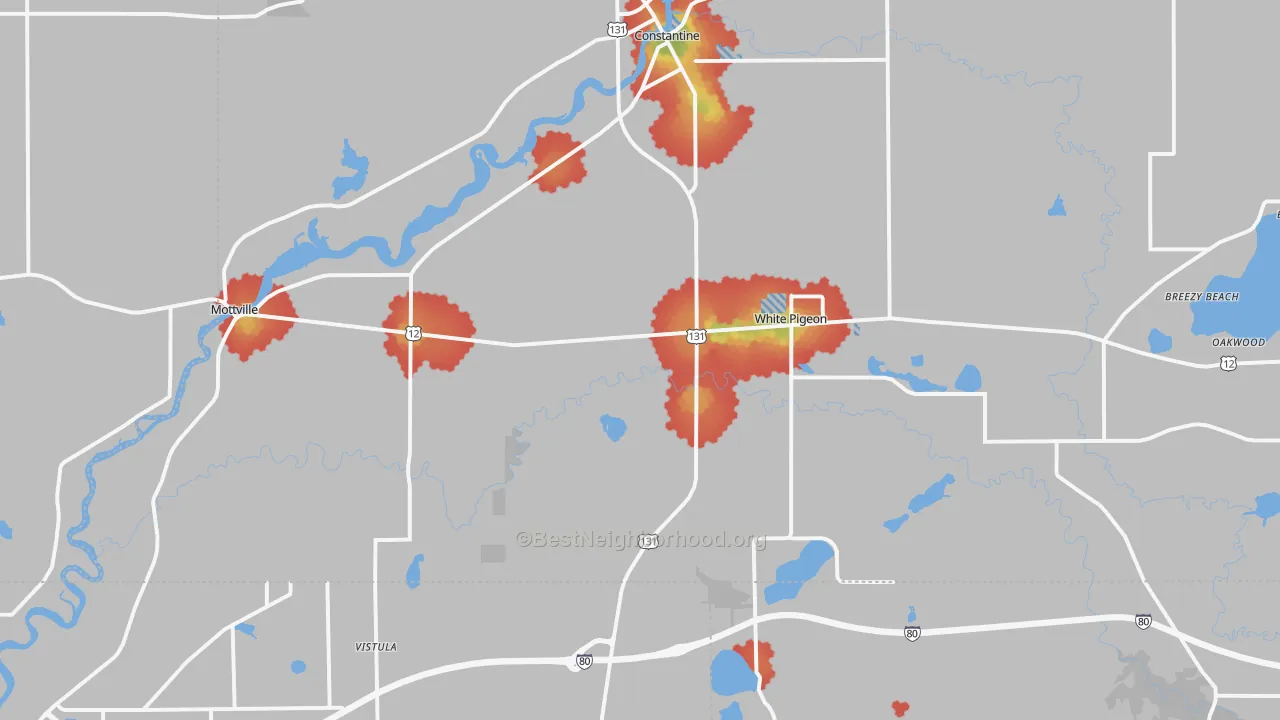 Walk Grade map of 49099, MI, walkable areas in green and car-dependent areas in red