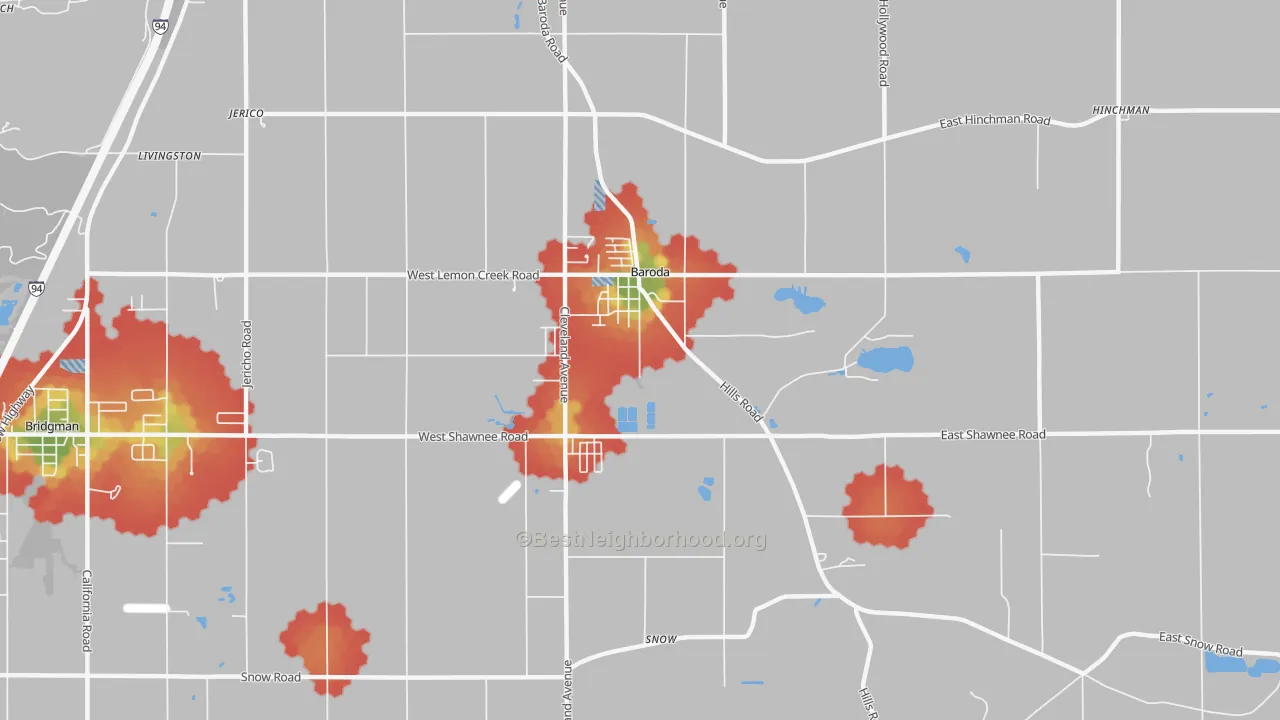 Walk Grade map of 49101, MI, walkable areas in green and car-dependent areas in red