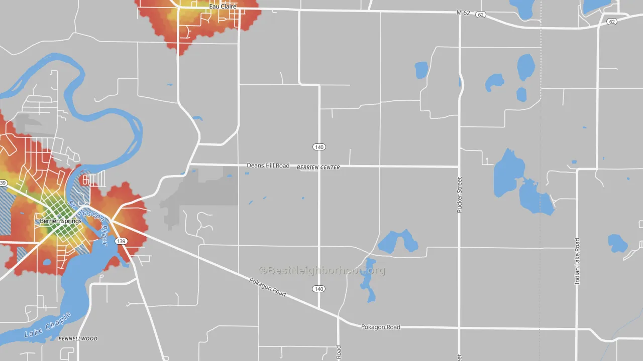 Walk Grade map of 49102, MI, walkable areas in green and car-dependent areas in red
