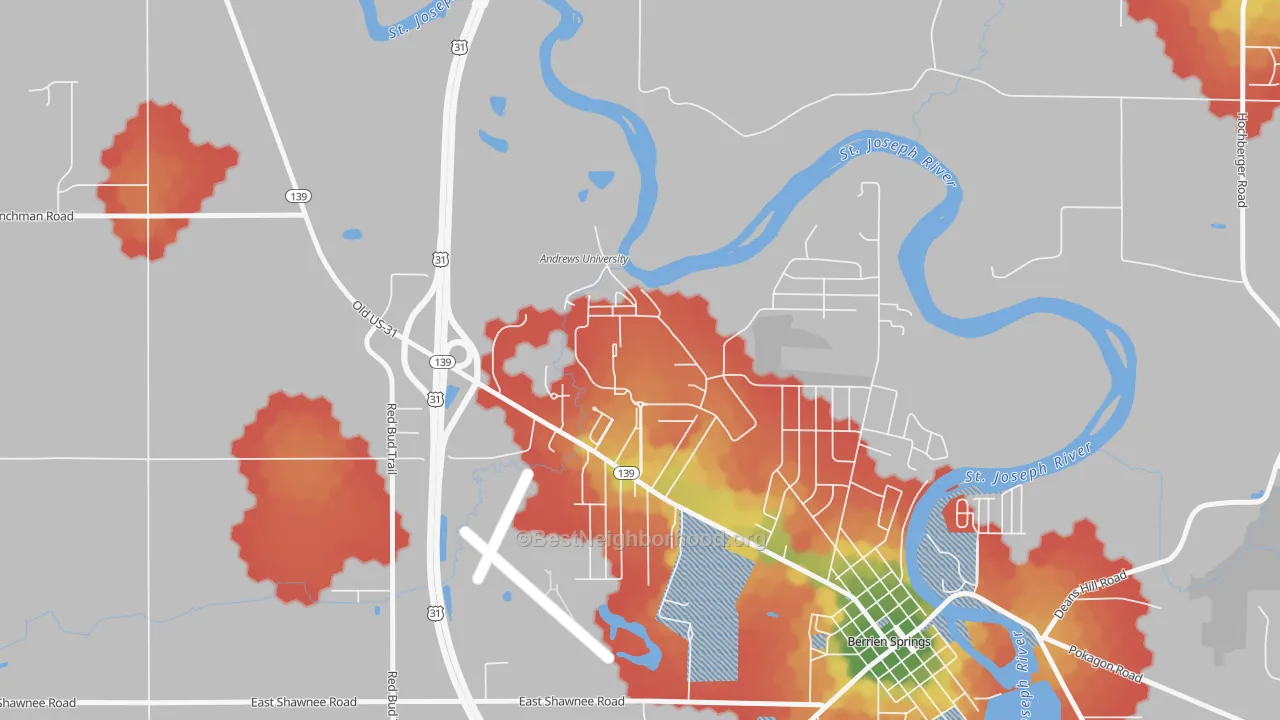 Walk Grade map of 49104, MI, walkable areas in green and car-dependent areas in red