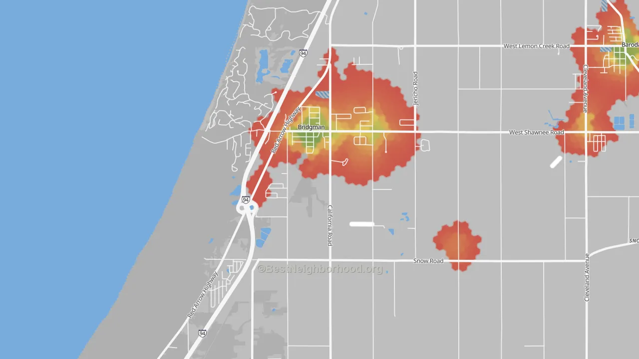 Walk Grade map of 49106, MI, walkable areas in green and car-dependent areas in red
