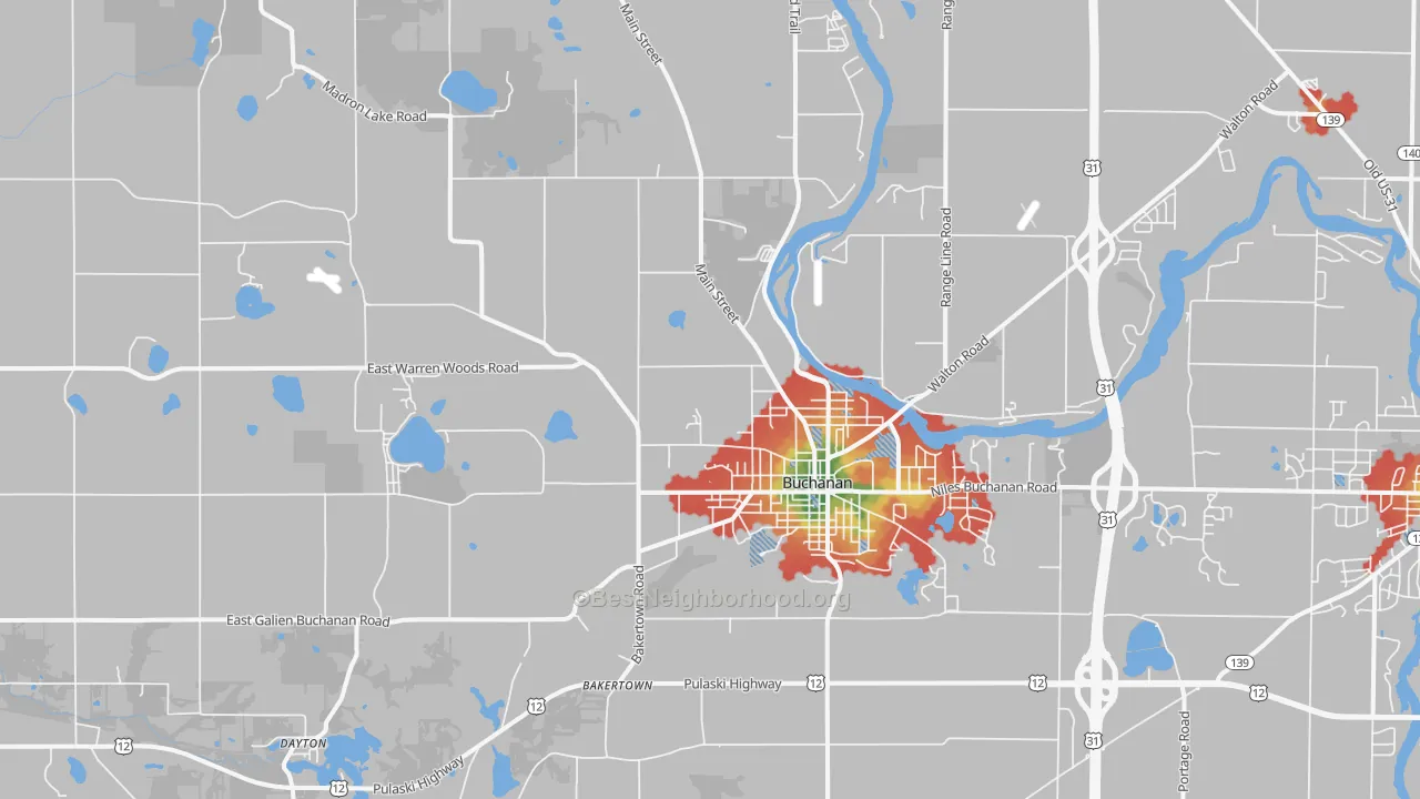 Walk Grade map of 49107, MI, walkable areas in green and car-dependent areas in red