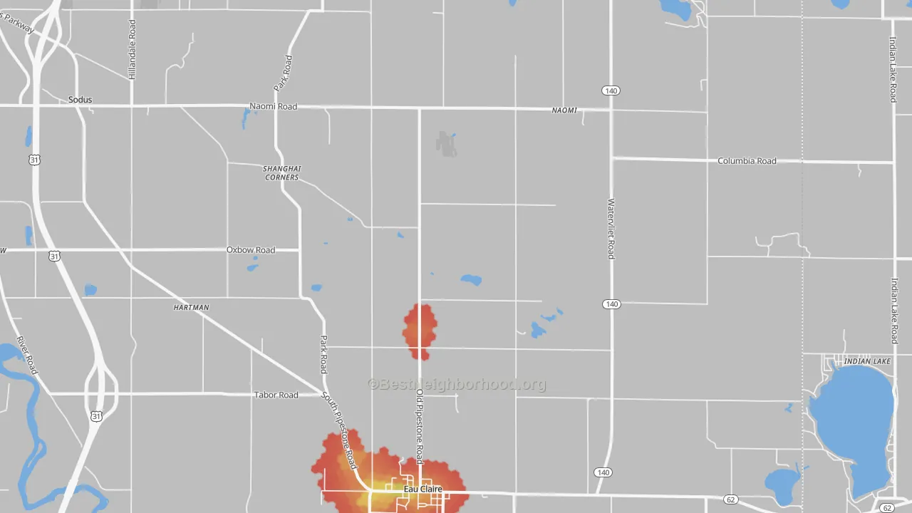 Walk Grade map of 49111, MI, walkable areas in green and car-dependent areas in red