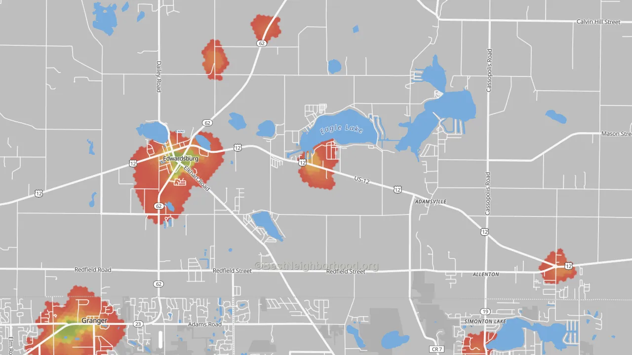 Walk Grade map of 49112, MI, walkable areas in green and car-dependent areas in red
