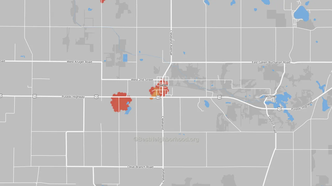 Walk Grade map of 49113, MI, walkable areas in green and car-dependent areas in red