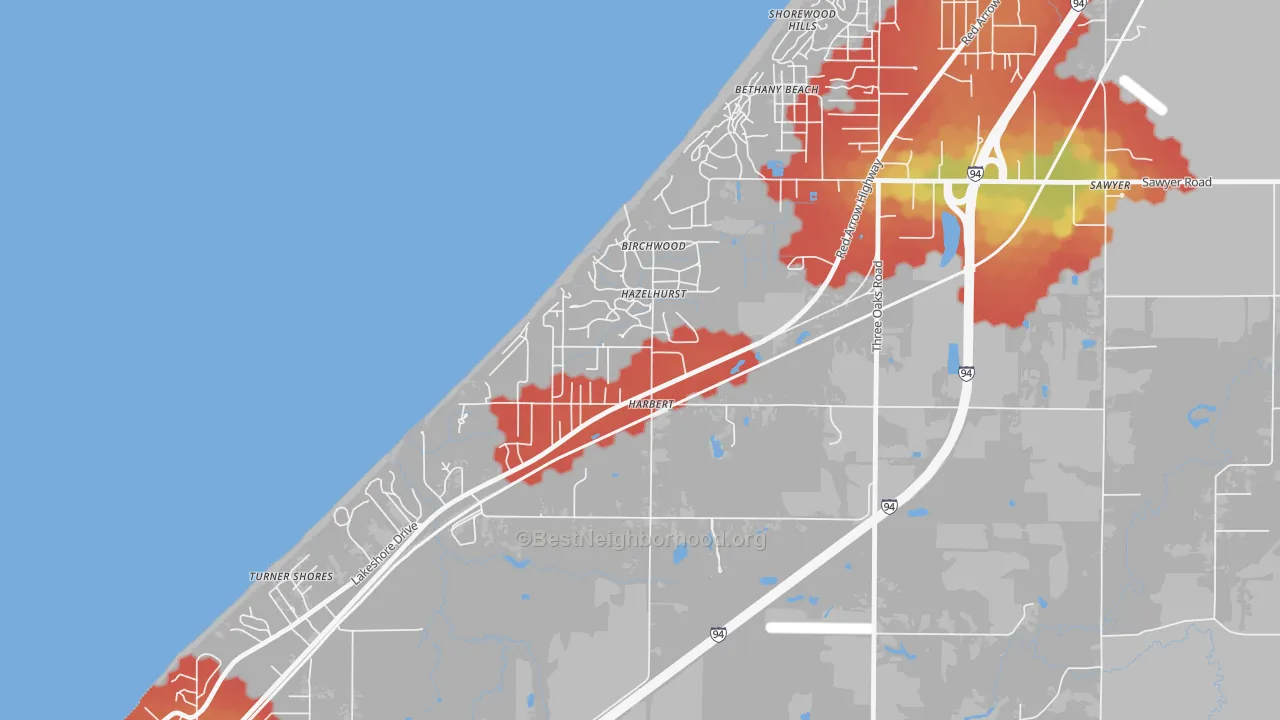 Walk Grade map of 49115, MI, walkable areas in green and car-dependent areas in red