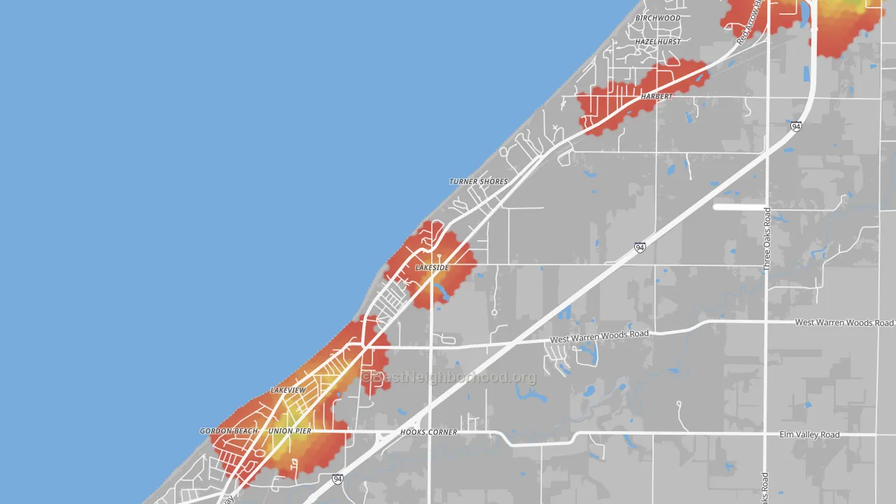 Walk Grade map of 49116, MI, walkable areas in green and car-dependent areas in red
