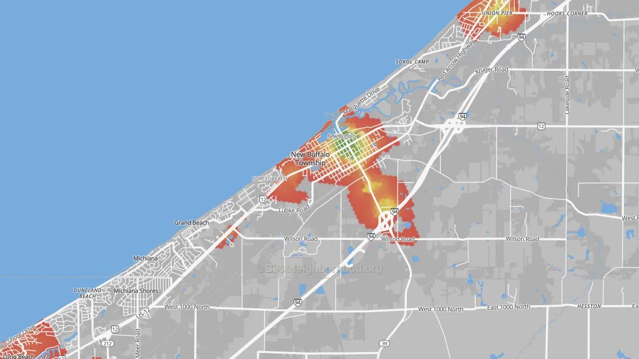 Walk Grade map of 49117, MI, walkable areas in green and car-dependent areas in red