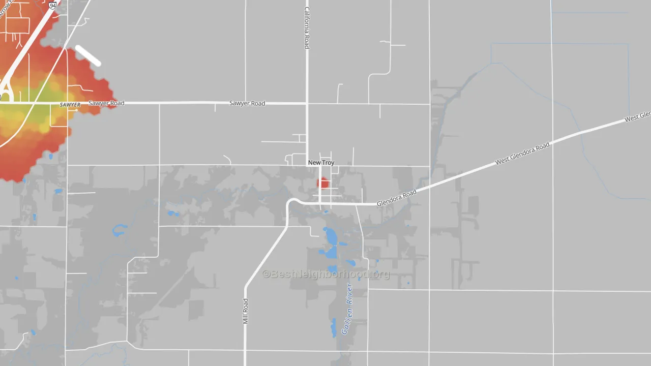 Walk Grade map of 49119, MI, walkable areas in green and car-dependent areas in red