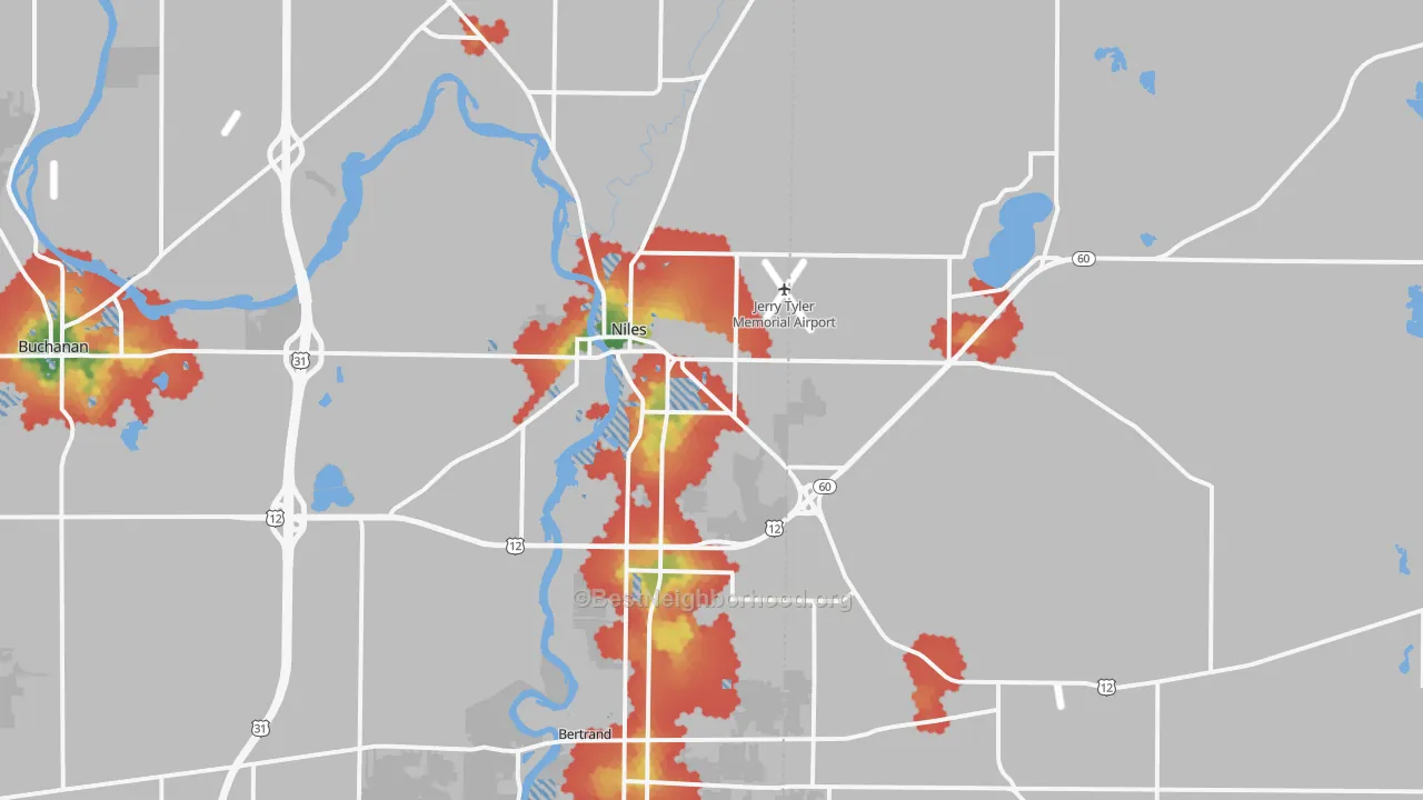 Walk Grade map of 49120, MI, walkable areas in green and car-dependent areas in red