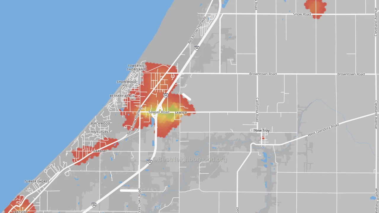 Walk Grade map of 49125, MI, walkable areas in green and car-dependent areas in red