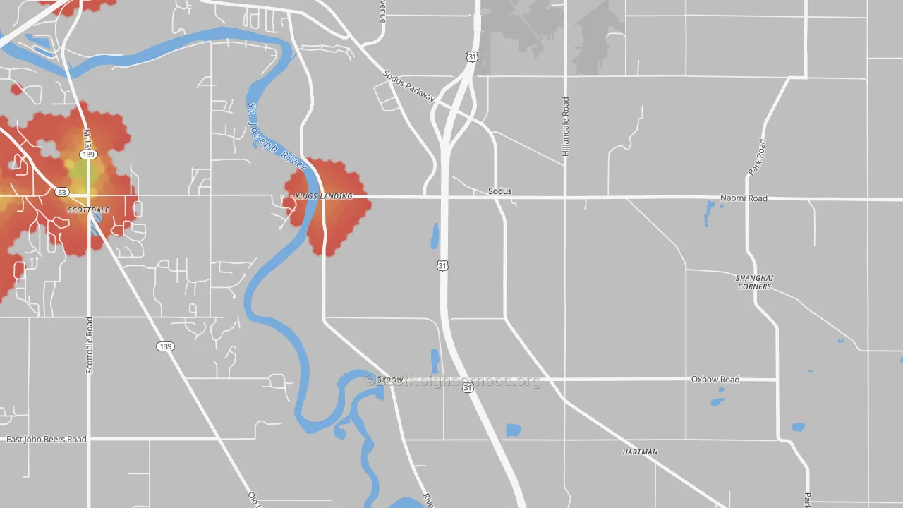 Walk Grade map of 49126, MI, walkable areas in green and car-dependent areas in red