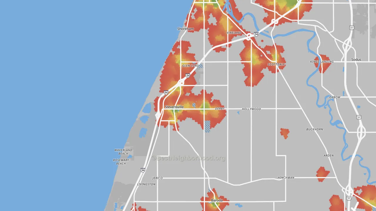 Walk Grade map of 49127, MI, walkable areas in green and car-dependent areas in red