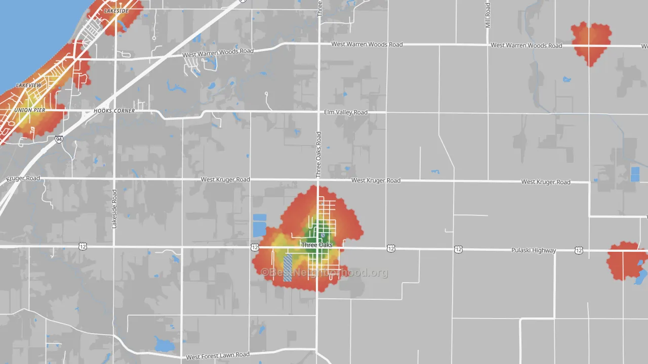 Walk Grade map of 49128, MI, walkable areas in green and car-dependent areas in red