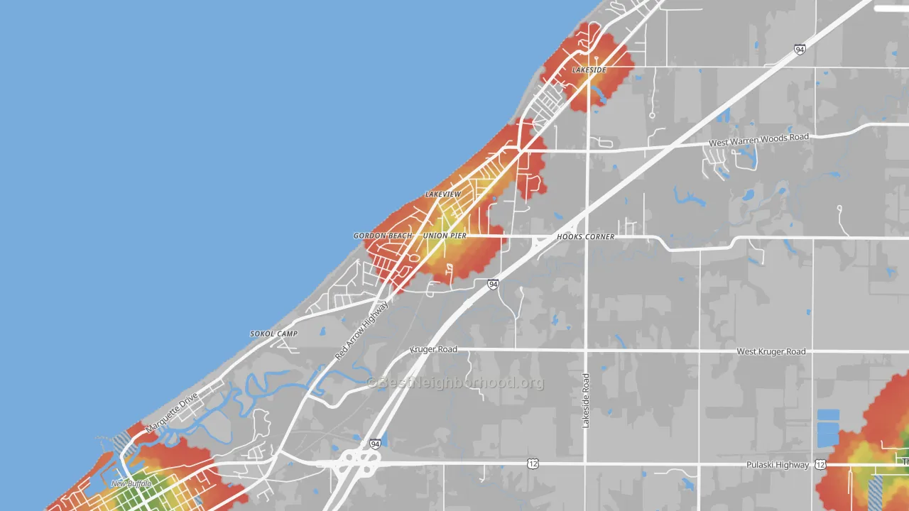 Walk Grade map of 49129, MI, walkable areas in green and car-dependent areas in red