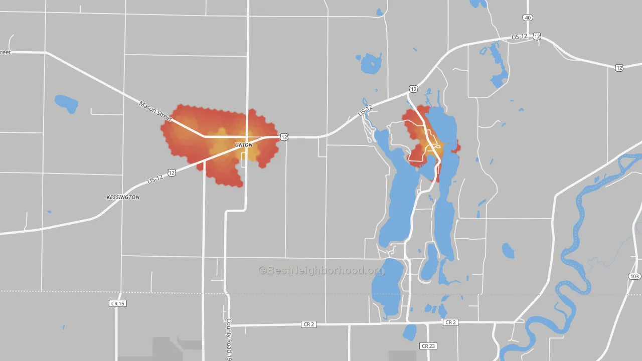 Walk Grade map of 49130, MI, walkable areas in green and car-dependent areas in red