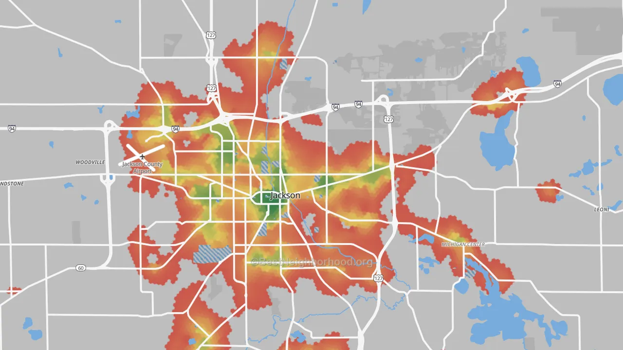 Walk Grade map of 49201, MI, walkable areas in green and car-dependent areas in red