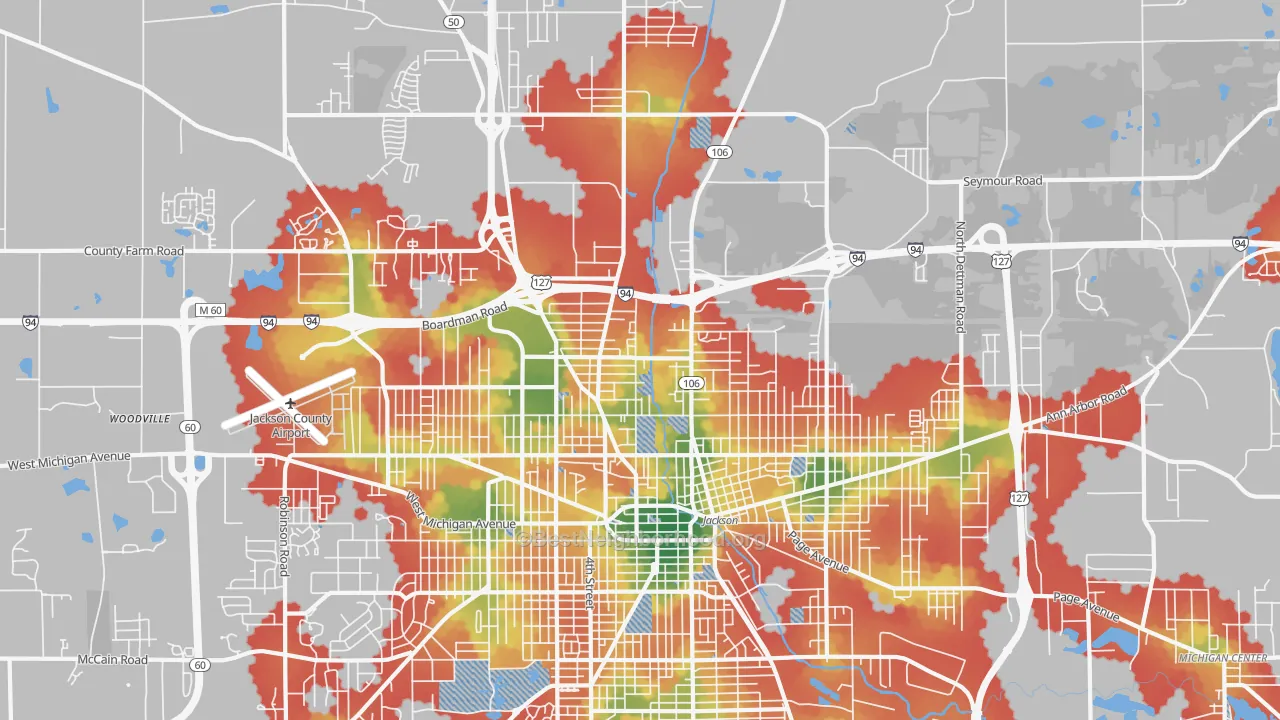 Walk Grade map of 49202, MI, walkable areas in green and car-dependent areas in red