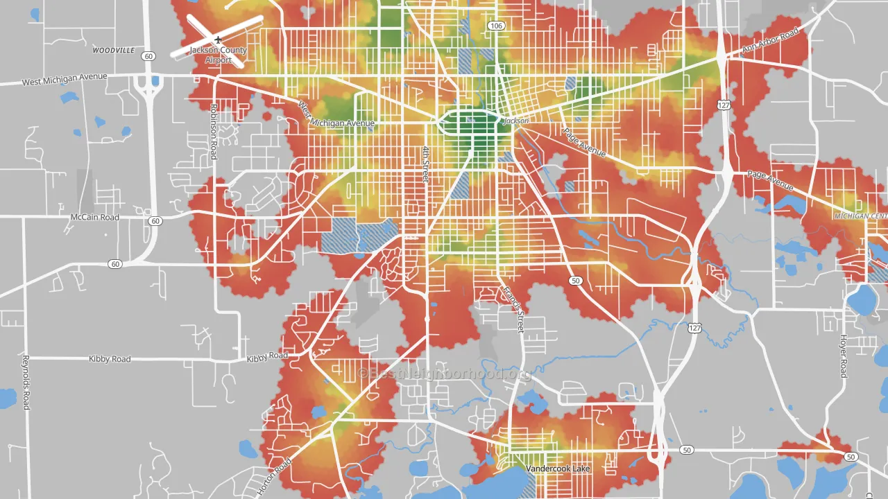 Walk Grade map of 49203, MI, walkable areas in green and car-dependent areas in red