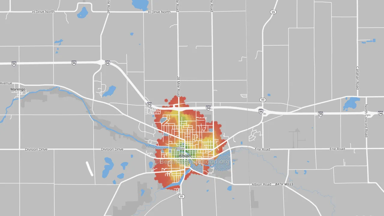 Walk Grade map of 49224, MI, walkable areas in green and car-dependent areas in red