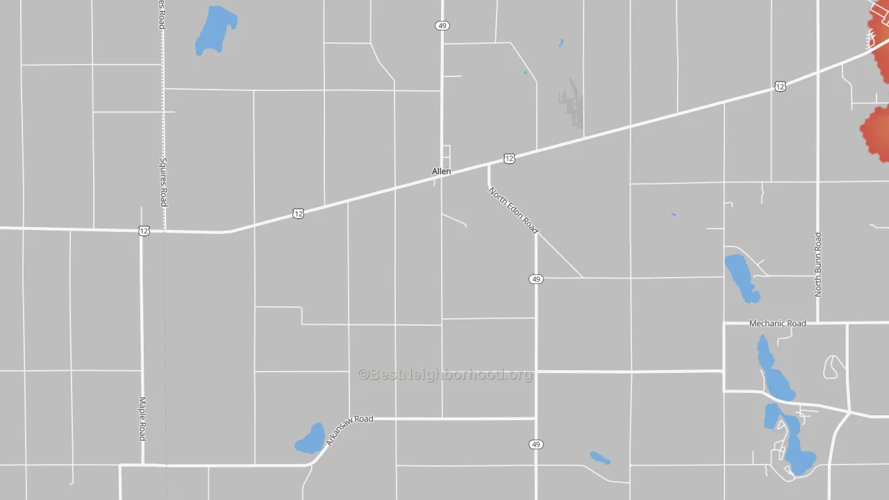 Walk Grade map of 49227, MI, walkable areas in green and car-dependent areas in red