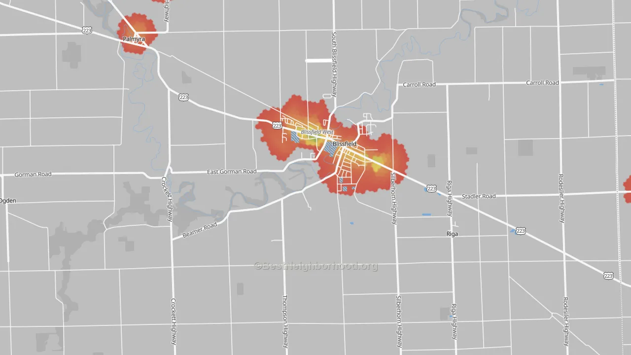 Walk Grade map of 49228, MI, walkable areas in green and car-dependent areas in red