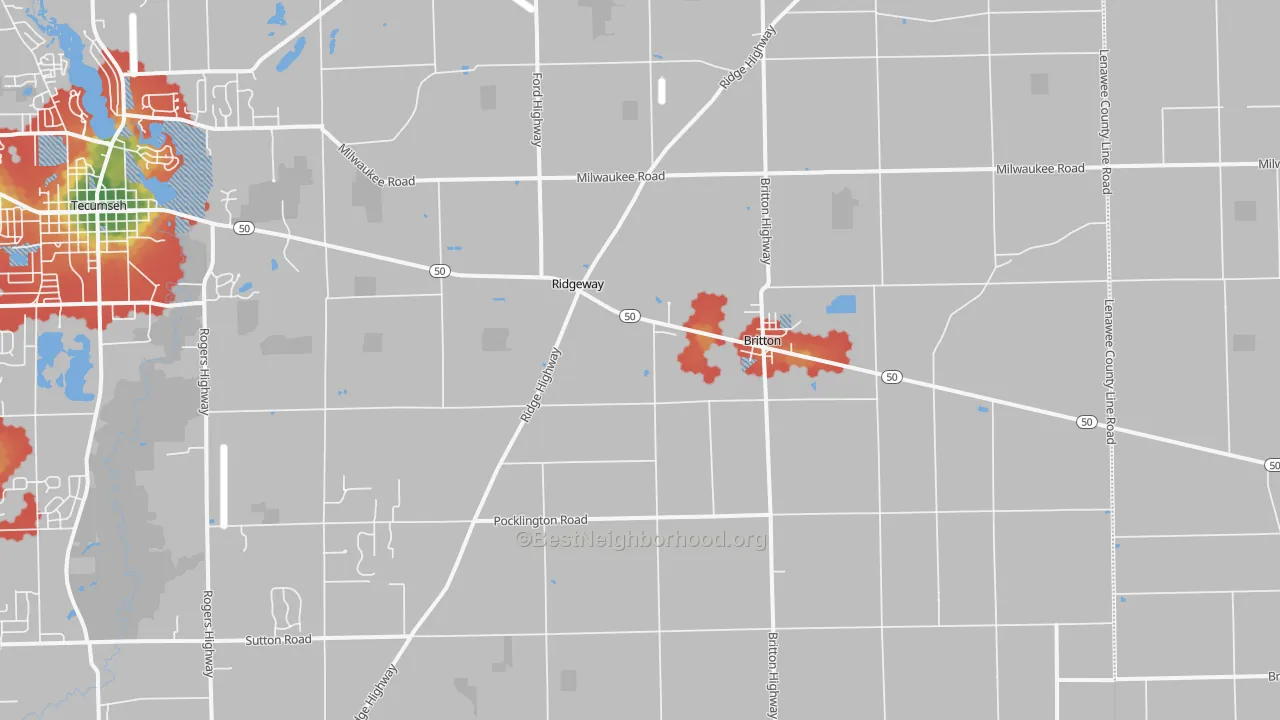 Walk Grade map of 49229, MI, walkable areas in green and car-dependent areas in red