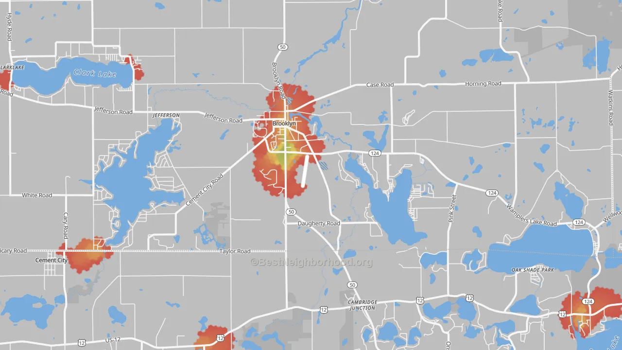 Walk Grade map of 49230, MI, walkable areas in green and car-dependent areas in red