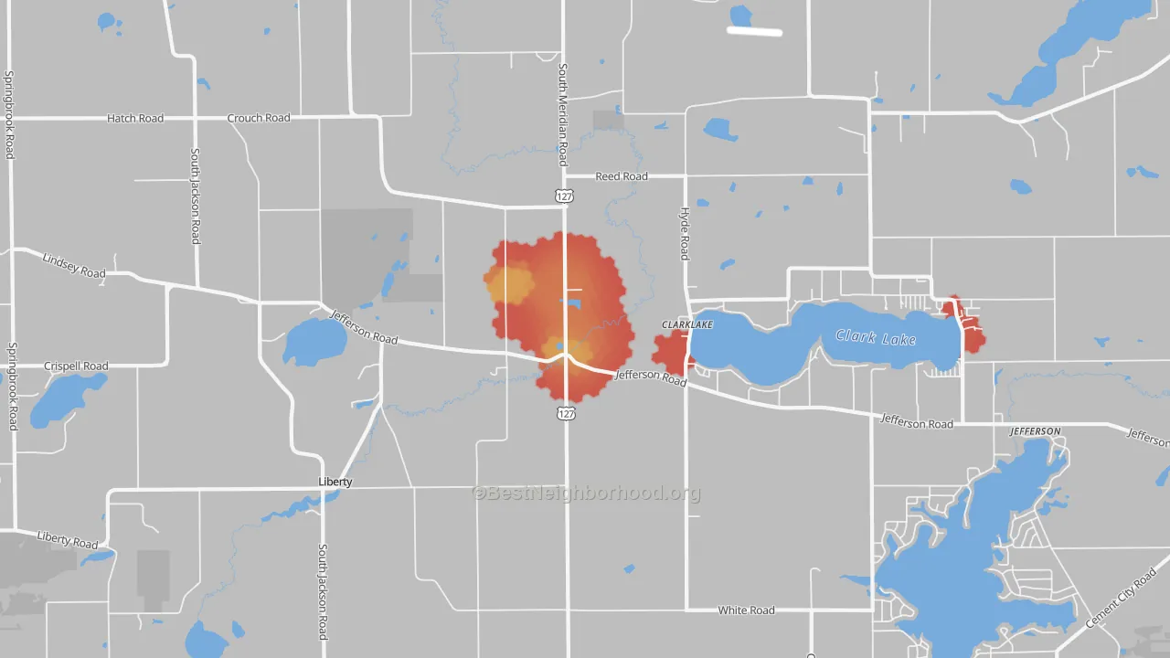 Walk Grade map of 49234, MI, walkable areas in green and car-dependent areas in red