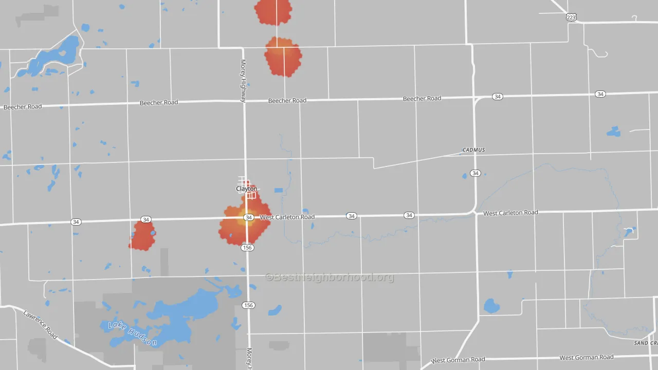 Walk Grade map of 49235, MI, walkable areas in green and car-dependent areas in red