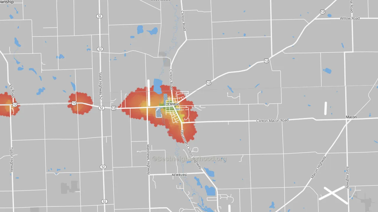 Walk Grade map of 49236, MI, walkable areas in green and car-dependent areas in red