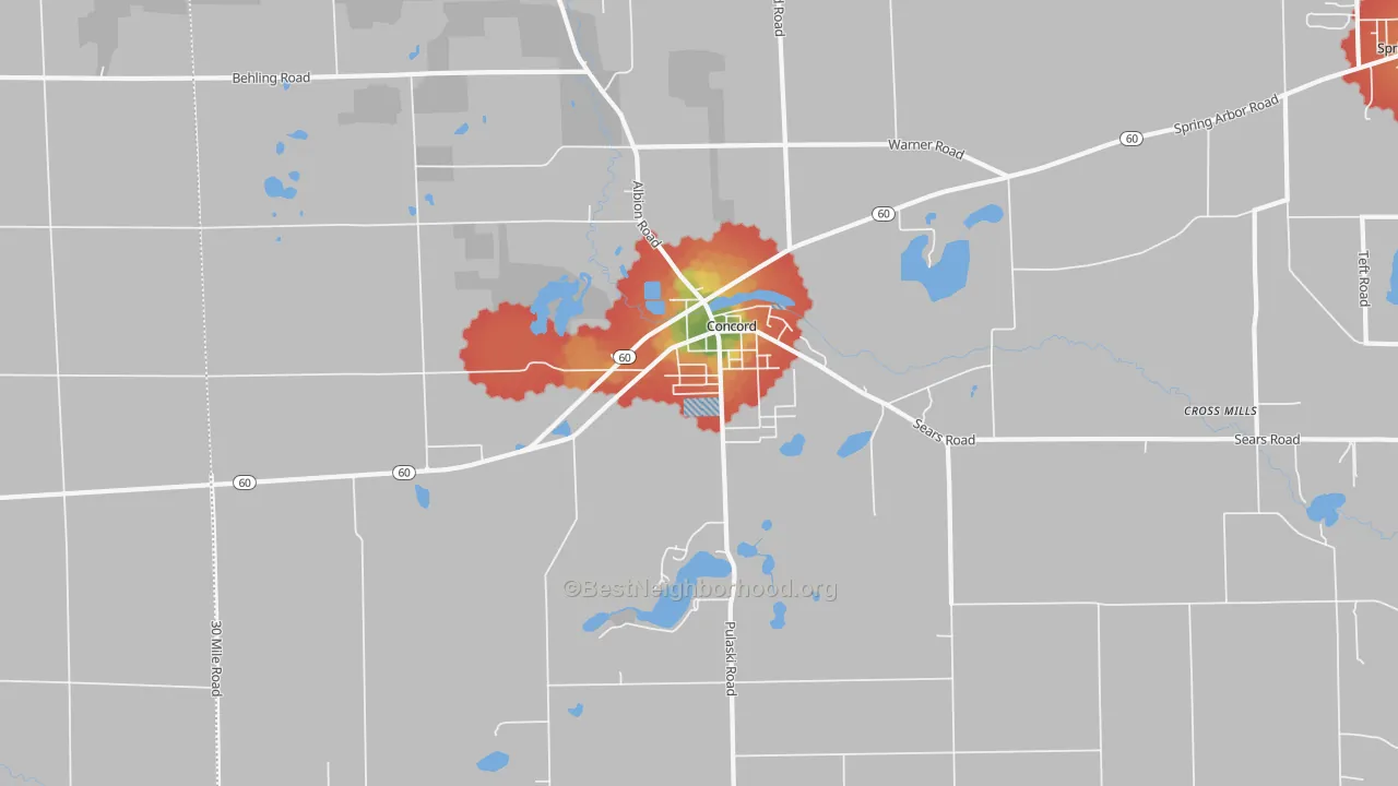 Walk Grade map of 49237, MI, walkable areas in green and car-dependent areas in red