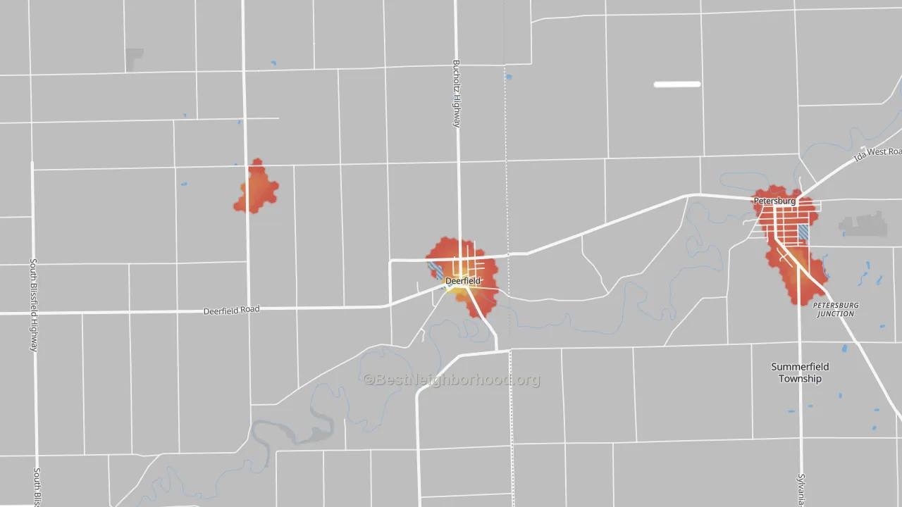 Walk Grade map of 49238, MI, walkable areas in green and car-dependent areas in red