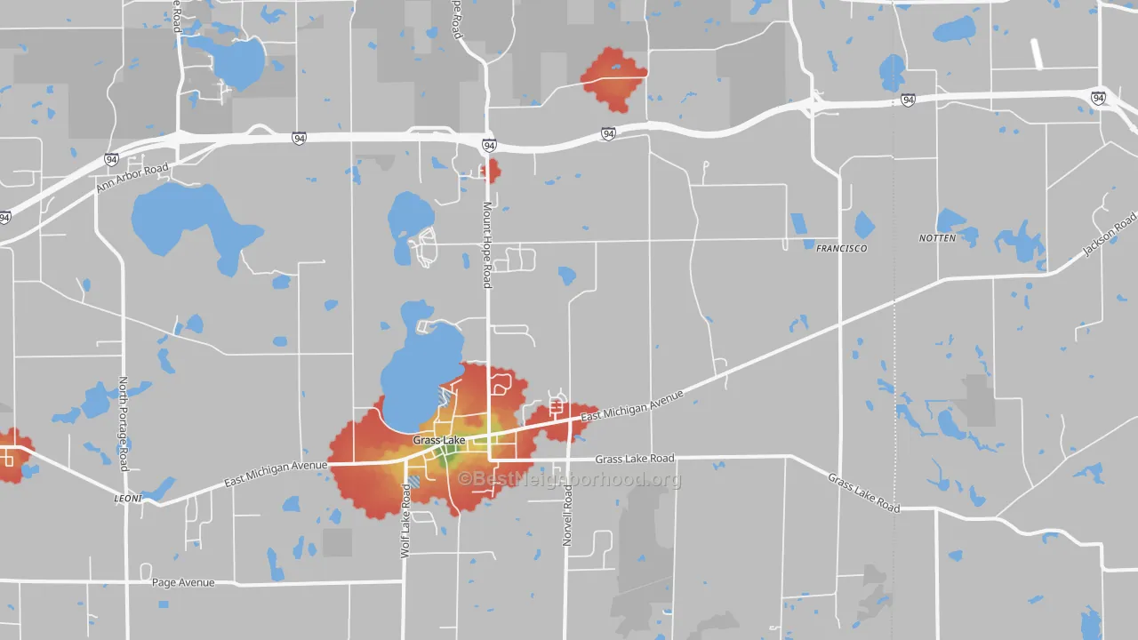 Walk Grade map of 49240, MI, walkable areas in green and car-dependent areas in red