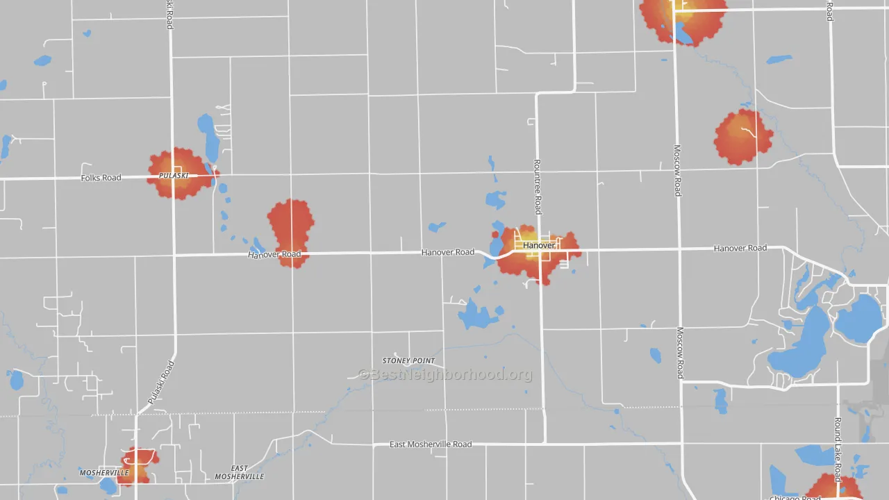 Walk Grade map of 49241, MI, walkable areas in green and car-dependent areas in red