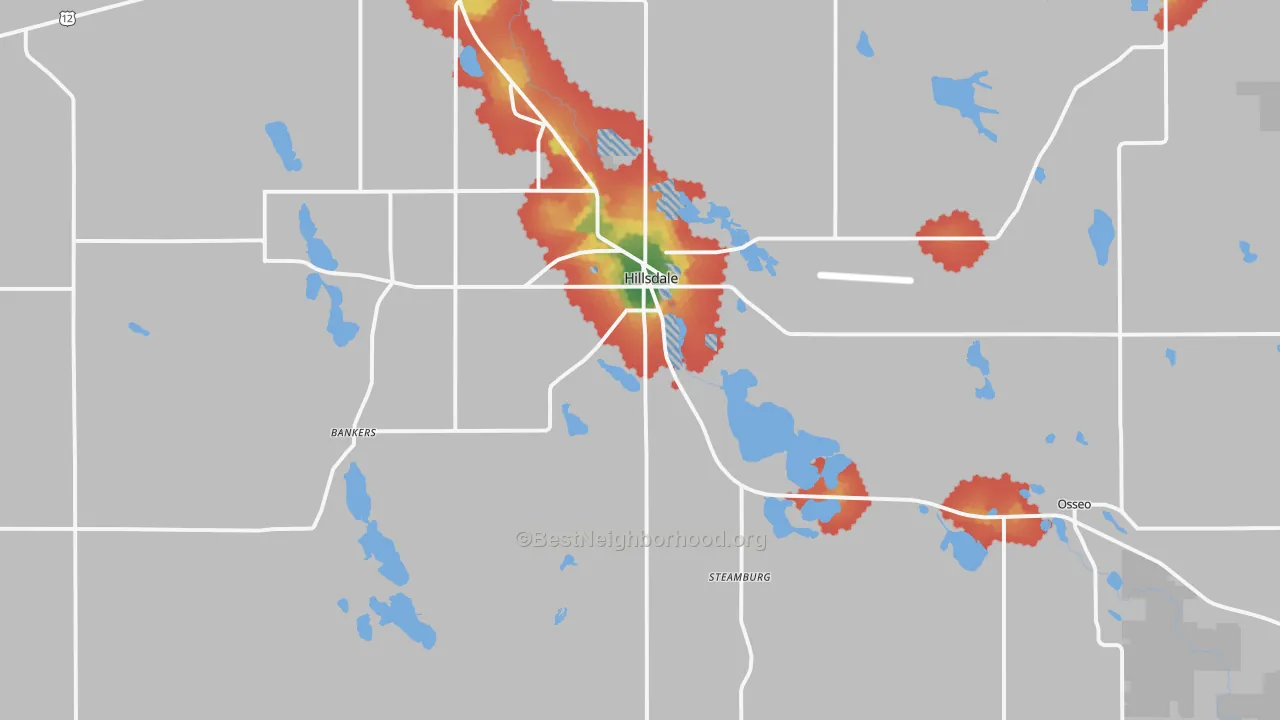 Walk Grade map of 49242, MI, walkable areas in green and car-dependent areas in red
