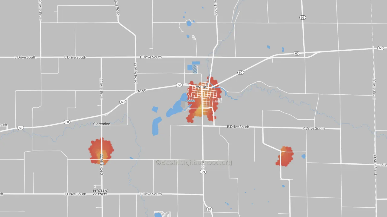 Walk Grade map of 49245, MI, walkable areas in green and car-dependent areas in red