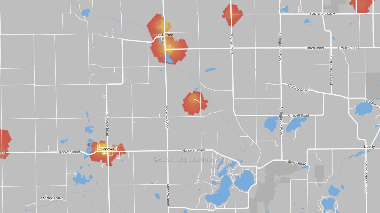 Walk Grade map of 49246, MI, walkable areas in green and car-dependent areas in red