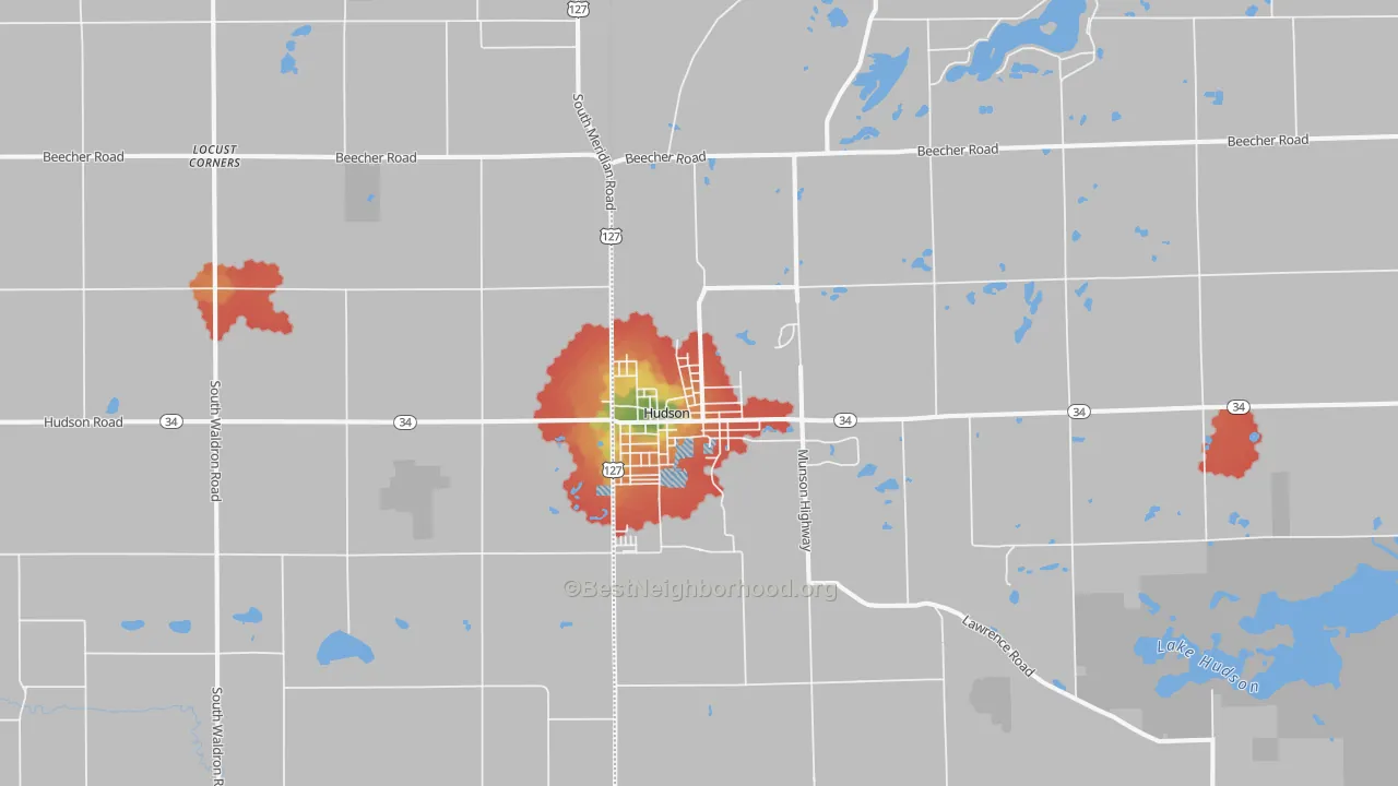 Walk Grade map of 49247, MI, walkable areas in green and car-dependent areas in red