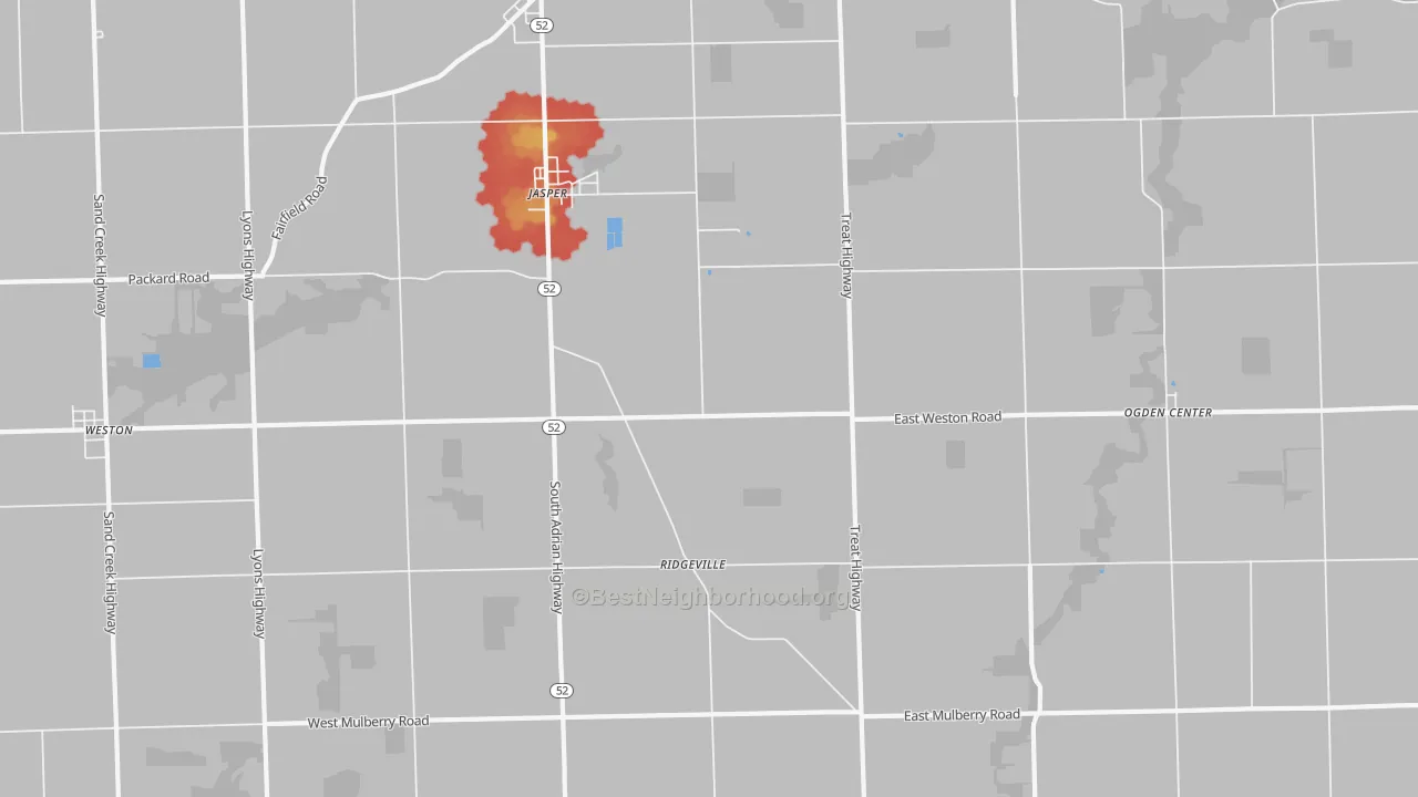 Walk Grade map of 49248, MI, walkable areas in green and car-dependent areas in red