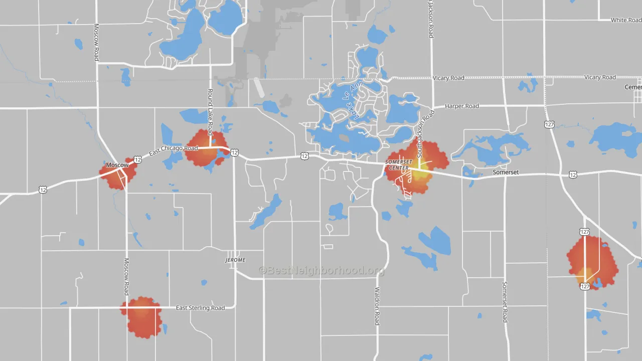 Walk Grade map of 49249, MI, walkable areas in green and car-dependent areas in red