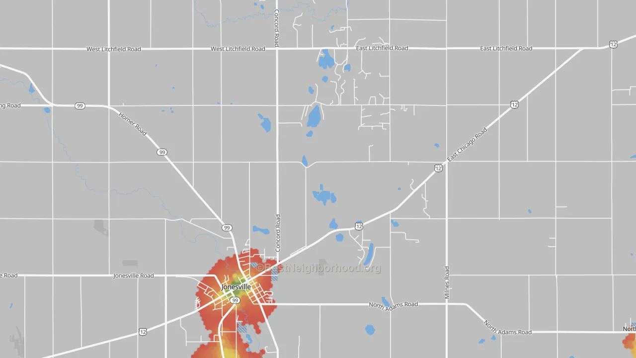 Walk Grade map of 49250, MI, walkable areas in green and car-dependent areas in red