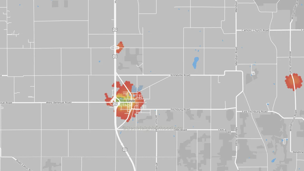 Walk Grade map of 49251, MI, walkable areas in green and car-dependent areas in red