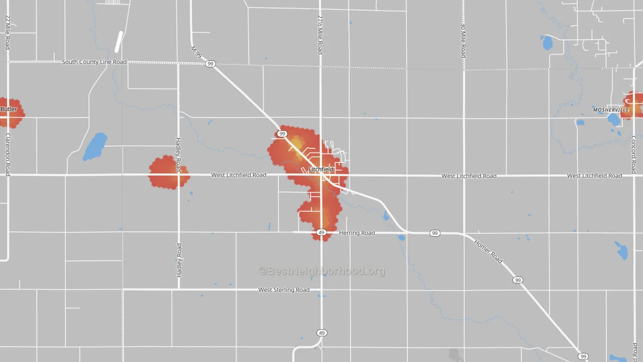 Walk Grade map of 49252, MI, walkable areas in green and car-dependent areas in red