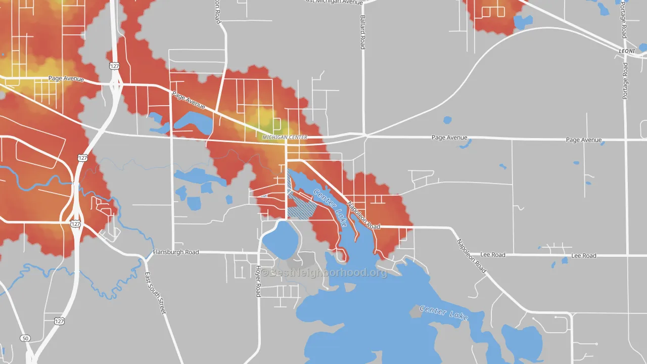 Walk Grade map of 49254, MI, walkable areas in green and car-dependent areas in red