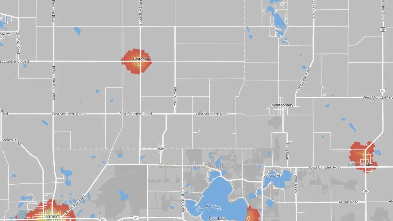 Walk Grade map of 49255, MI, walkable areas in green and car-dependent areas in red