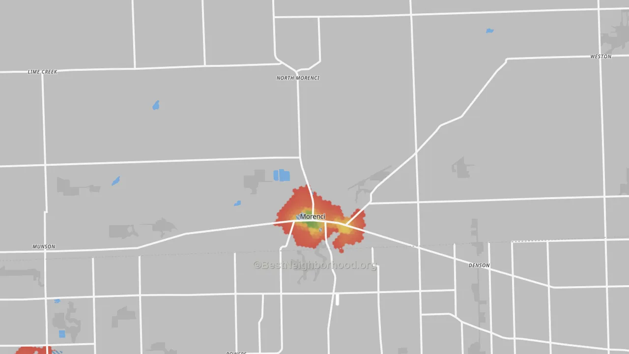 Walk Grade map of 49256, MI, walkable areas in green and car-dependent areas in red