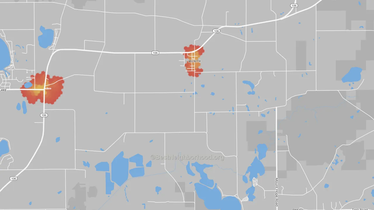 Walk Grade map of 49259, MI, walkable areas in green and car-dependent areas in red